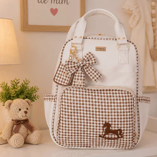 Mochila Multifuncional Maternidade Menina Menino Passeio Off/Xadrez Personalizado Informar Inicial -