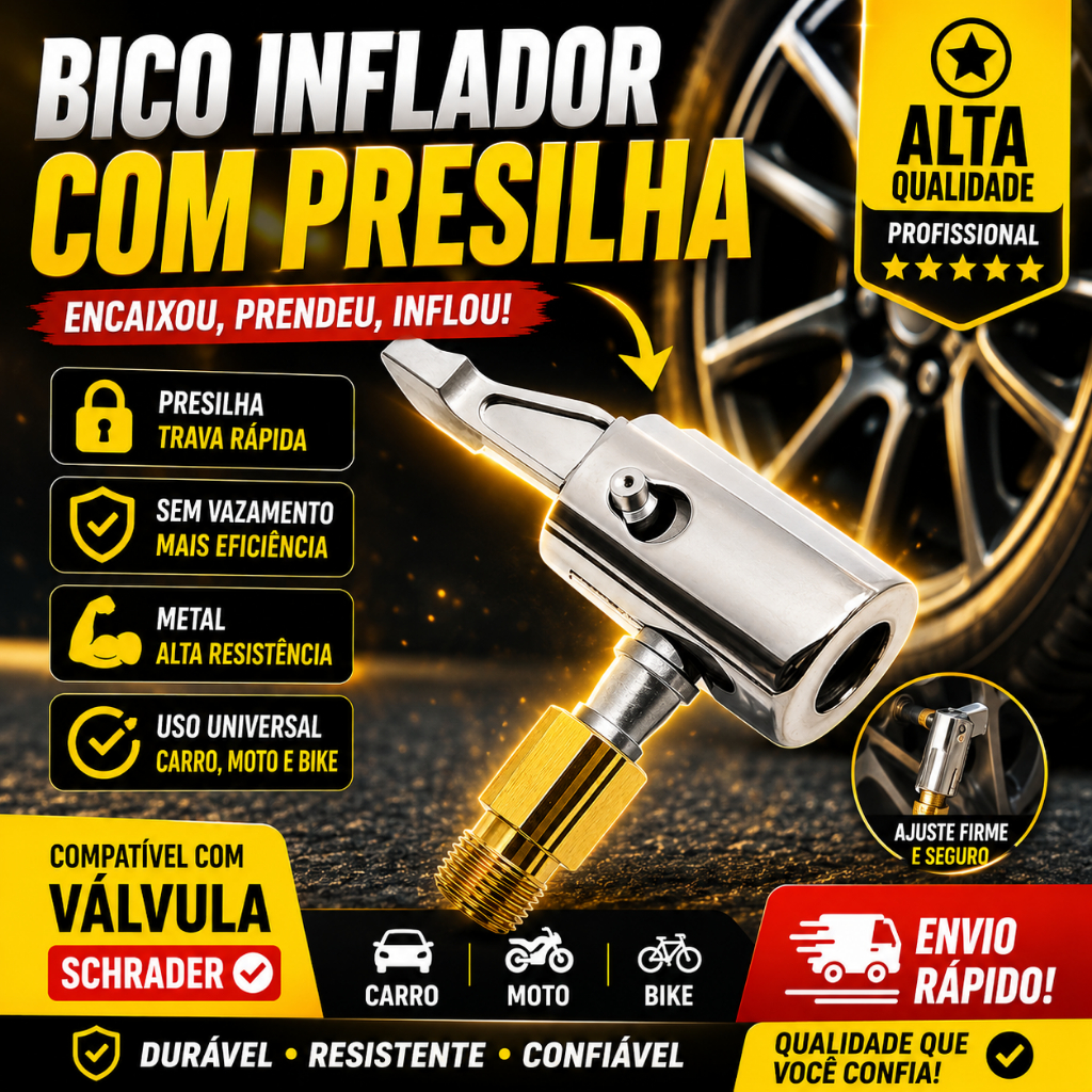 Bico Inflador Pneu com Presilha Metal Universal Carro Moto Bike Válvula Bomba de Ar
