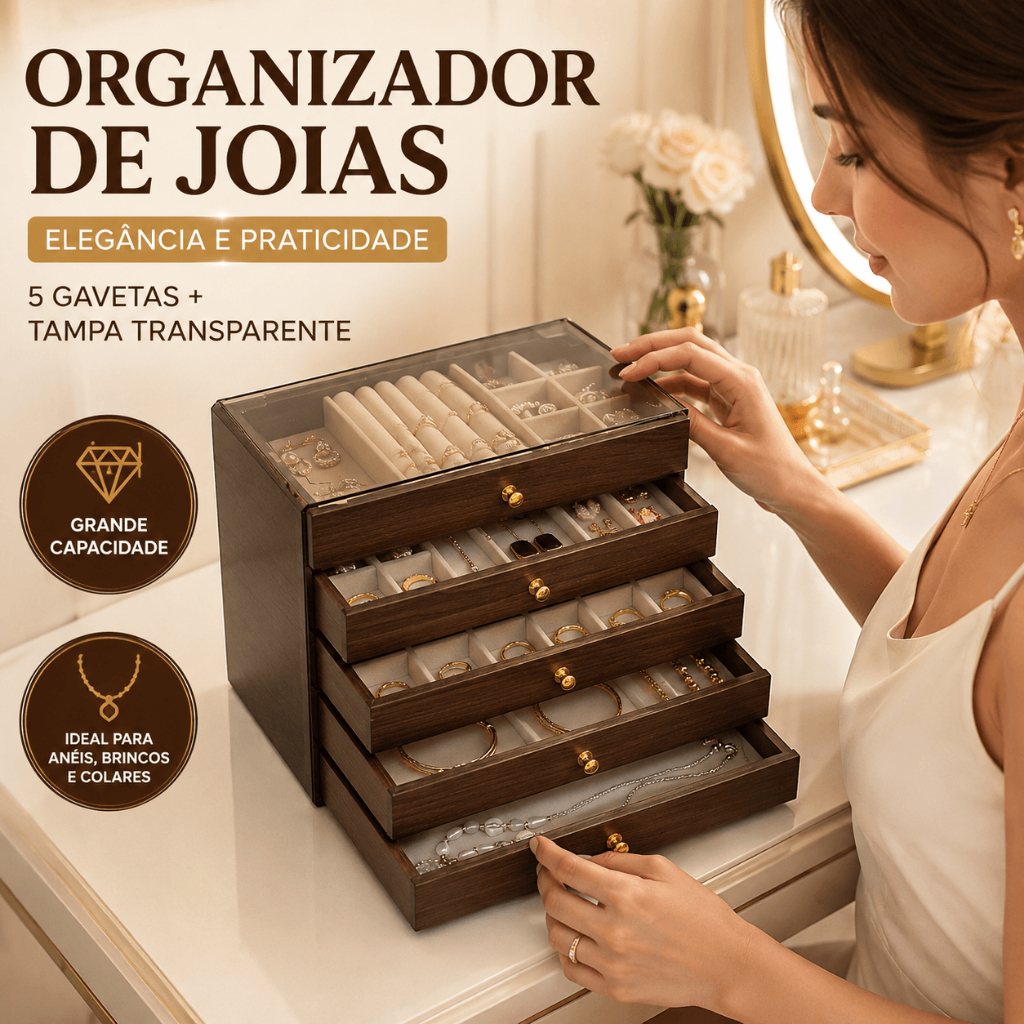 Porta Joias Grande De Madeira Luxo 5 Gavetas Com Visor Acrílico Organizador De Veludo