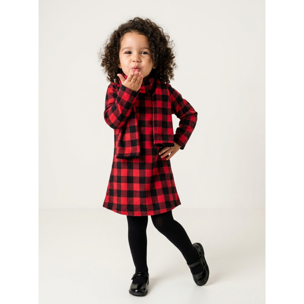 Vestido Xadrez + Cachecol Infantil Flanelado  Manga Longa Inverno  Festa Junina QUADRILHA ARRAIAL