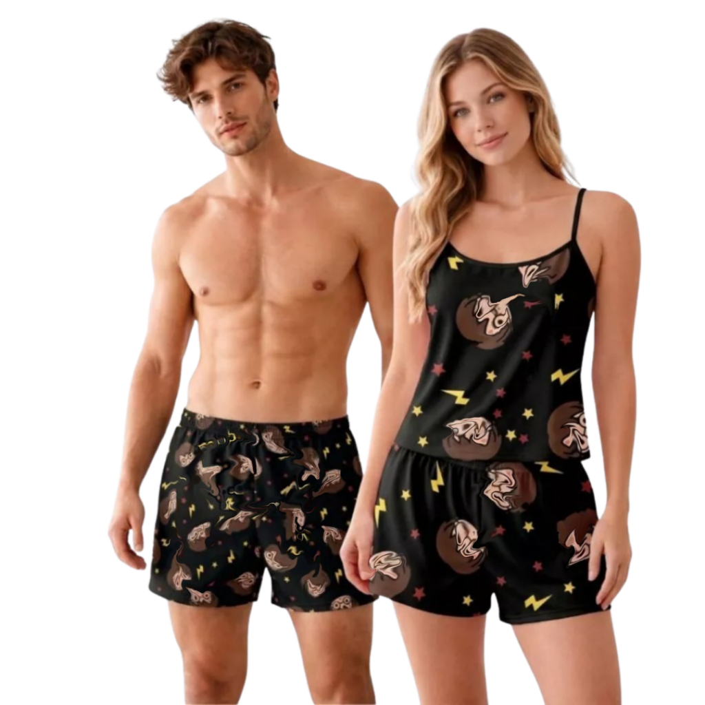 Kit Pijama Casal Feminino Samba Canção Namorados Estampa