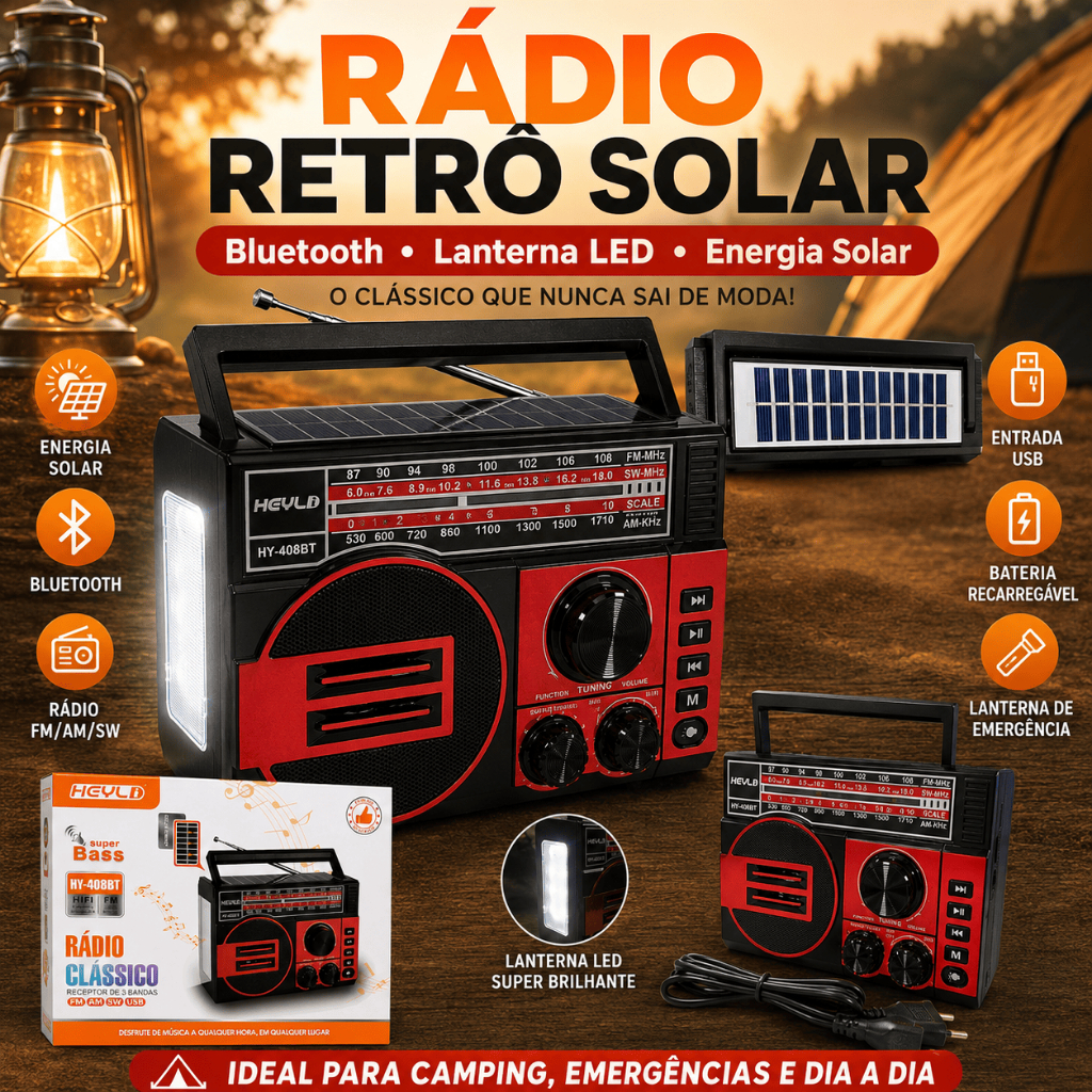 Rádio Retrô Solar Bluetooth Lanterna LED USB Recarregável — imagem 2 de 2