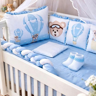 Kit berço Balão Ursinho 14 Peças com trança, Mosquiteiro + Meia infantil Malha Persa
