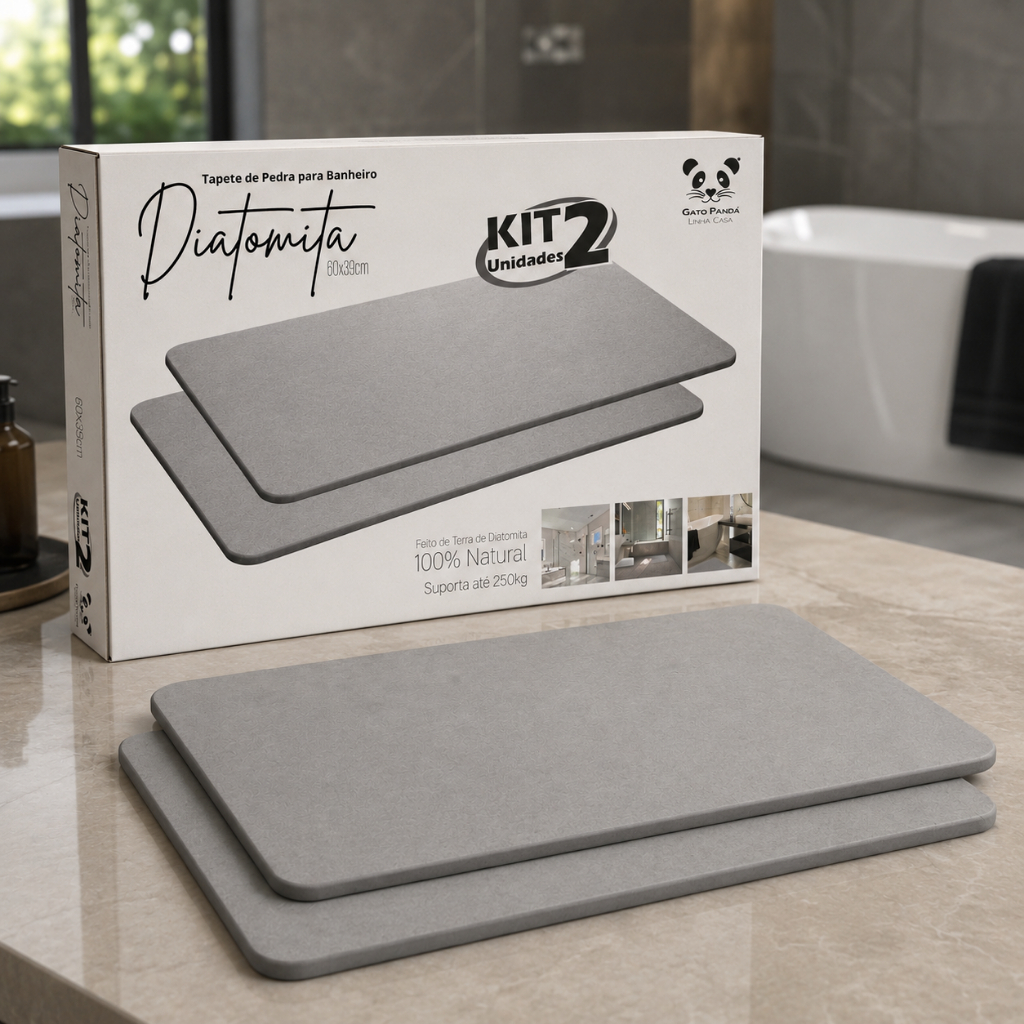 Kit 2 Tapetes de Pedra Diatomita para Banheiro Cinza 60cm x 39cm - Gato Panda