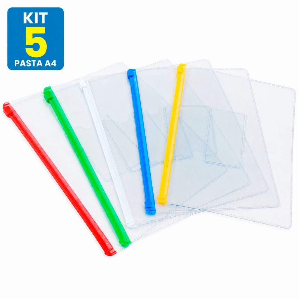 Kit 1/2/3/4/5 Pasta A4 plástico PVC transparente 21x29.5cm com zíper cor diferente (envio cor aleatório)