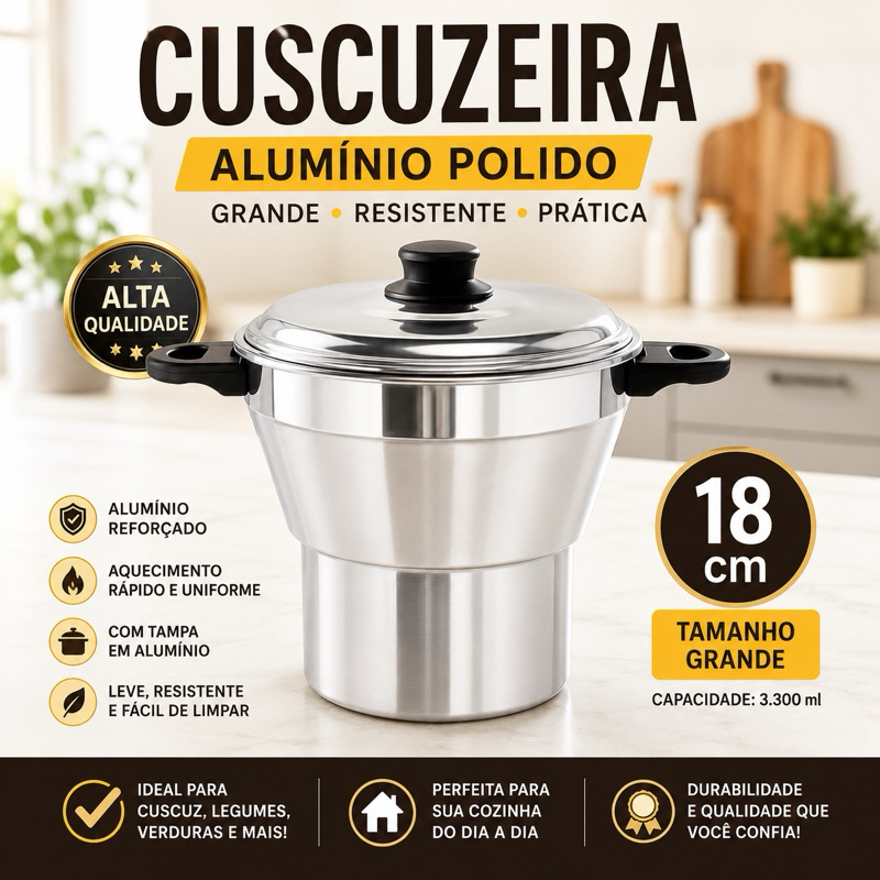 Cuscuzeira Nº 18 Alumínio Polido Grande Reforçada Cozinha