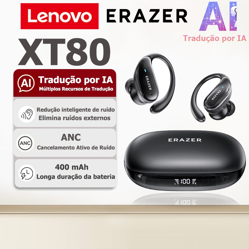 Fone Bluetooth Lenovo ERAZER XT80 PRO com tradução por IA, ANC Cancelamento Ativo de Ruído, Bluetooth versão 6.0, resist