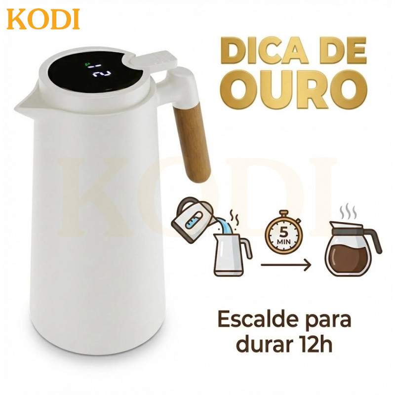 Garrafa Térmica 1L com Termômetro Digital e Cabo de Madeira/Café 1 Litro Com Termômetro Led Para Chás-O14