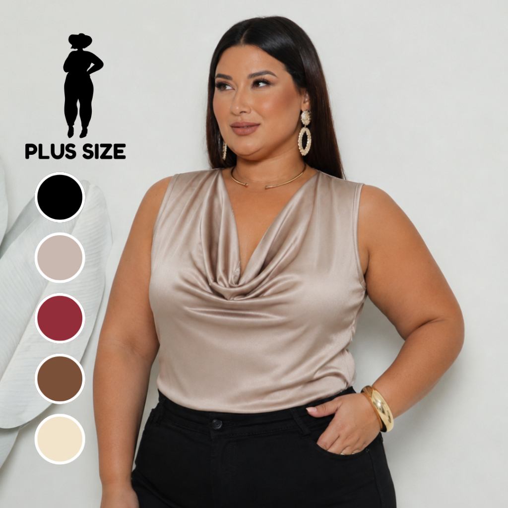 Blusa Feminina Plus Size Cetim Gola Degagê Elegante G1 G2 G3 Casual Chic Cores Neutras