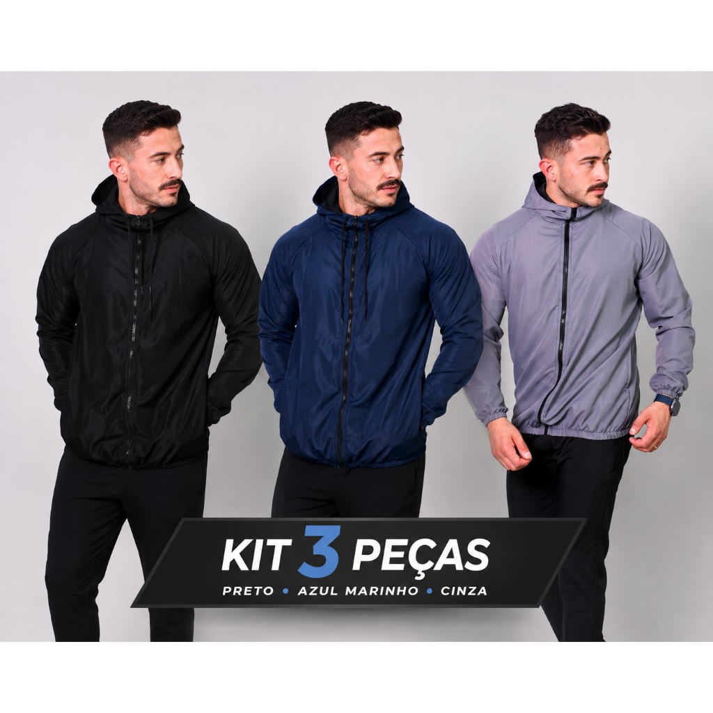 Kit 3 Jaquetas Corta Vento Capuz Masculina 100% Tactel Confortável Treino Caminhada Dia a Dia