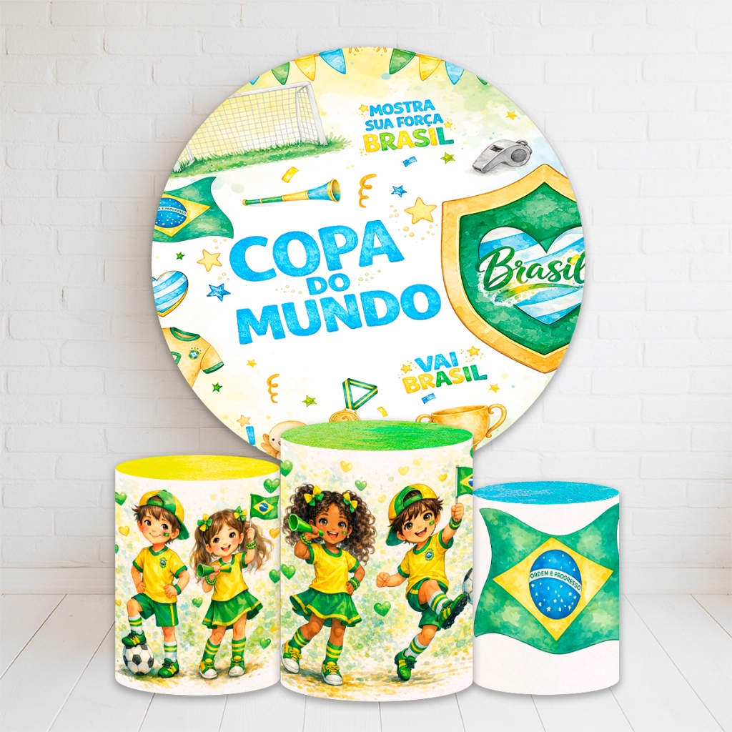 Kit Painel Redondo 1,50m + Trio Capas Cilindro Brasil Copa Do Mundo 2026 Completo Sublimado