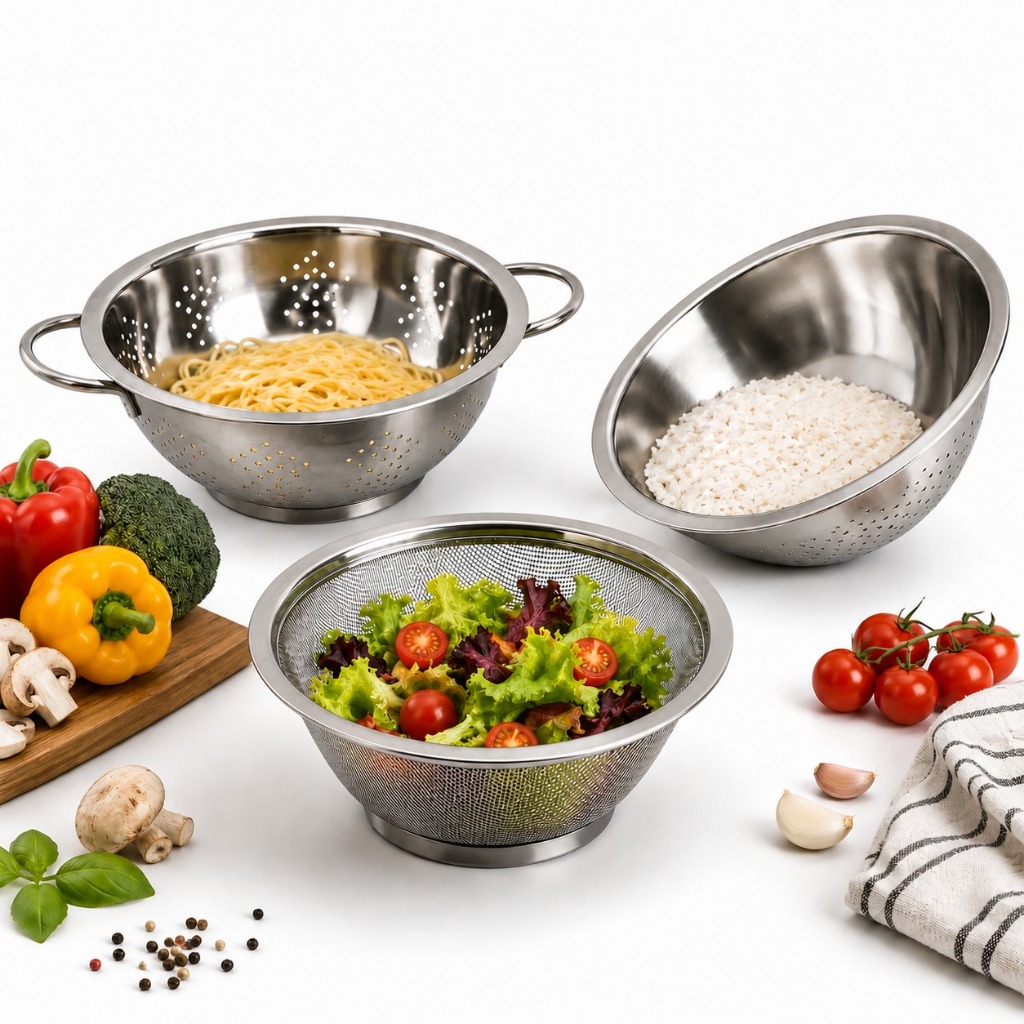 Kit 3 Peças Escorredores Massa + Arroz + Telado Inox Grande 22cm Qualidade Premium