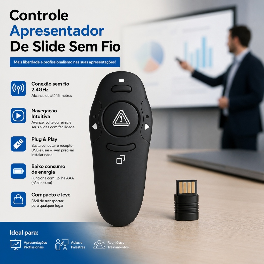 Controle Apresentador Caneta de Slide Sem Fio Passador Power Point Aula Palestra Com Laser