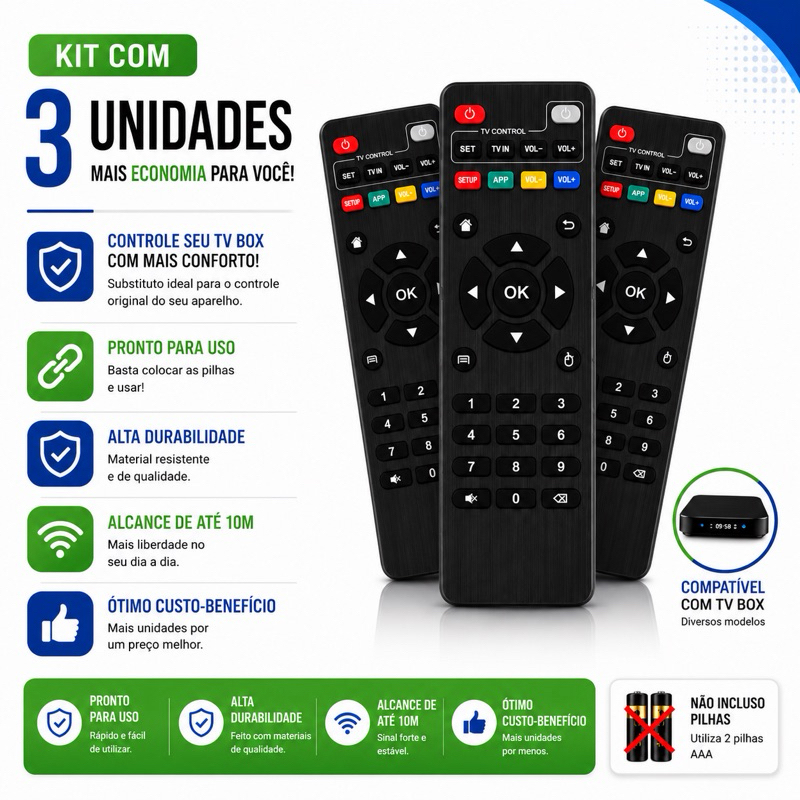 KIT Controle Remoto Para Tv Universal Botões Inteligentes Box