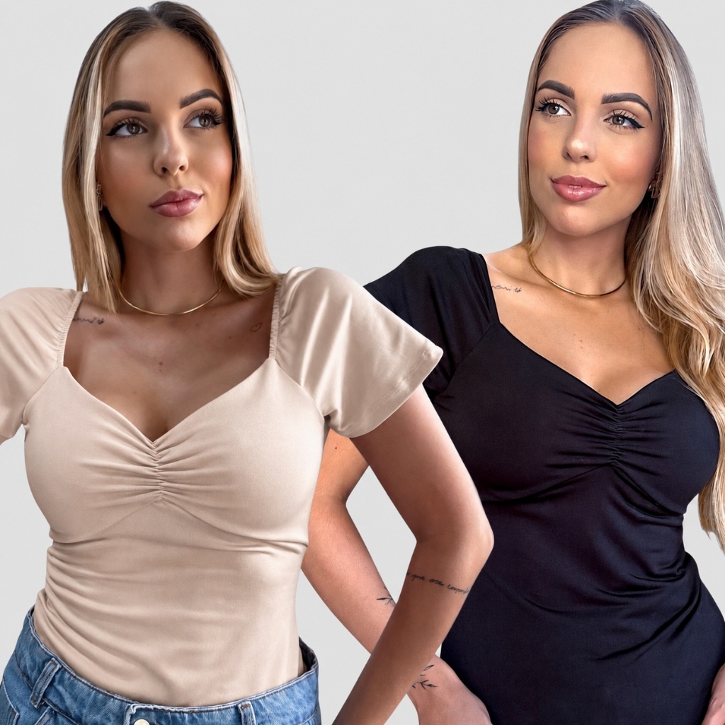 kit 2 Blusas Feminina Baby Look Manga Curta Decote Princesa Moda Casual Versátil Blogueira 2025
