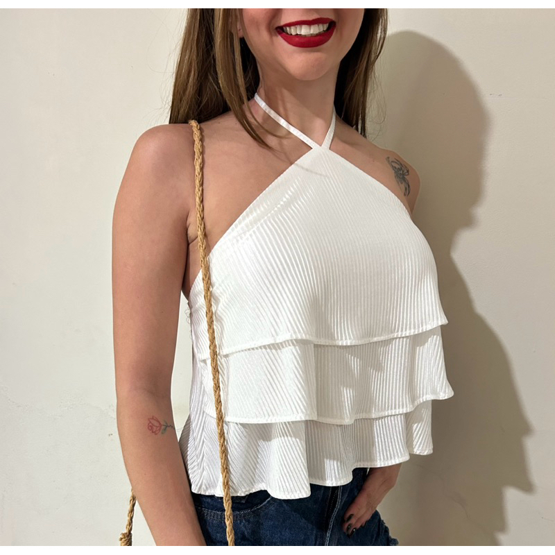 Blusa Feminina Frente Única Cetim Perolado Com Bojo Babado Amarração Slim Fit Moda Jovem P PP