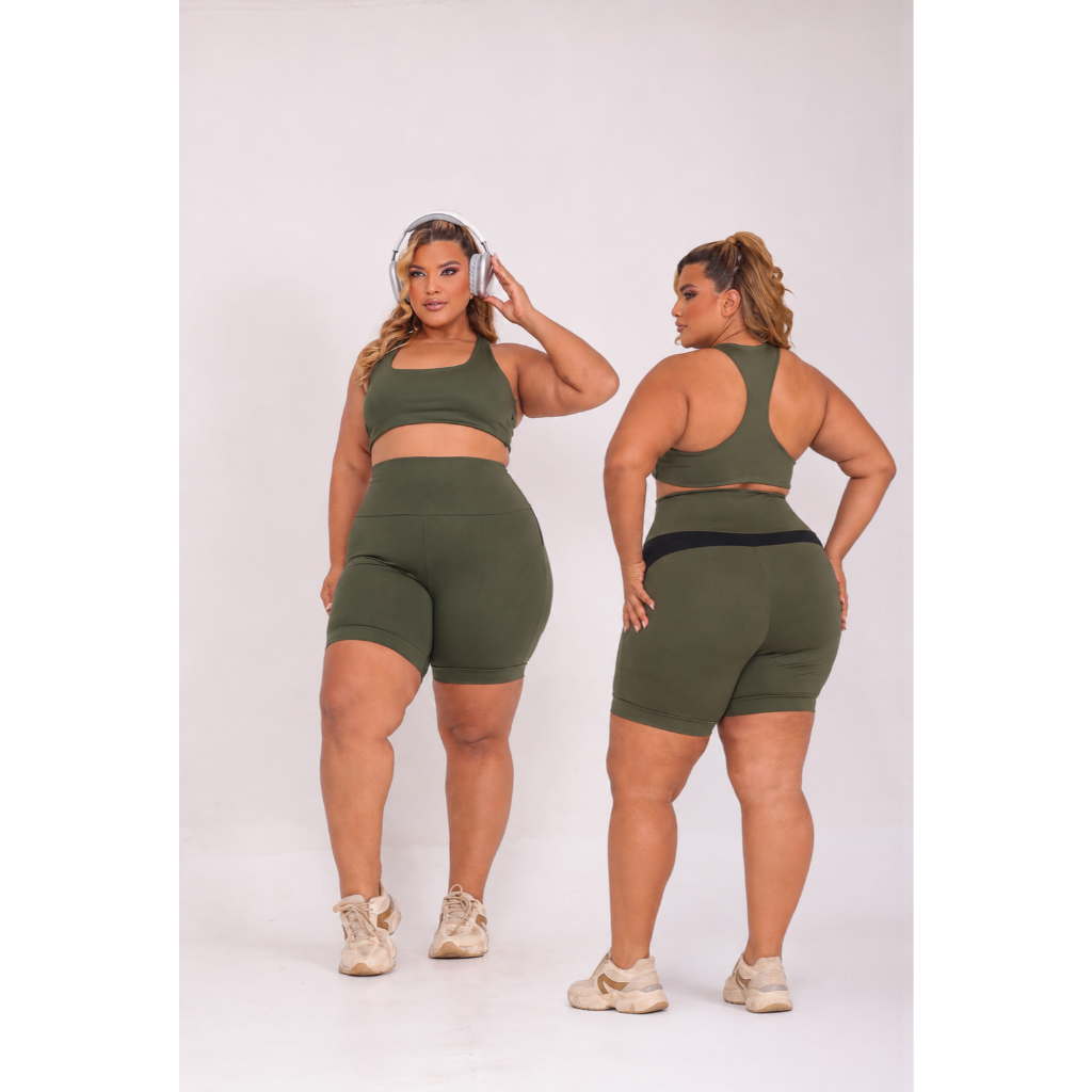 Conjunto Fitness Plus Size Feminino Suplex Premium Bermuda e Top Nadador Cós Alto Zero Transparência Academia Treino Cor
