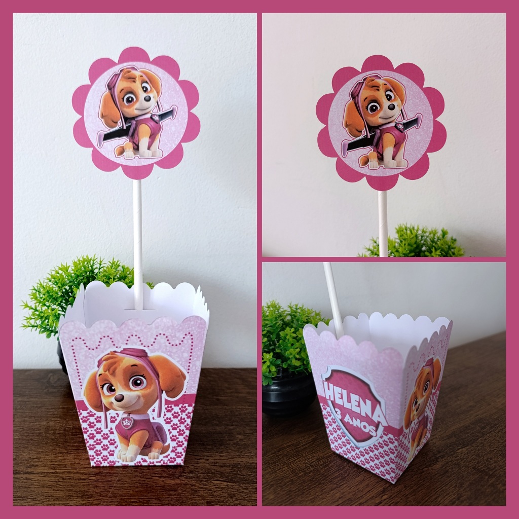 CENTRO DE MESA CACHEPO SKYE PERSONALIZADO LEMBRANCINHA DECORAÇÃO PEGUE MONTE NOME IDADE