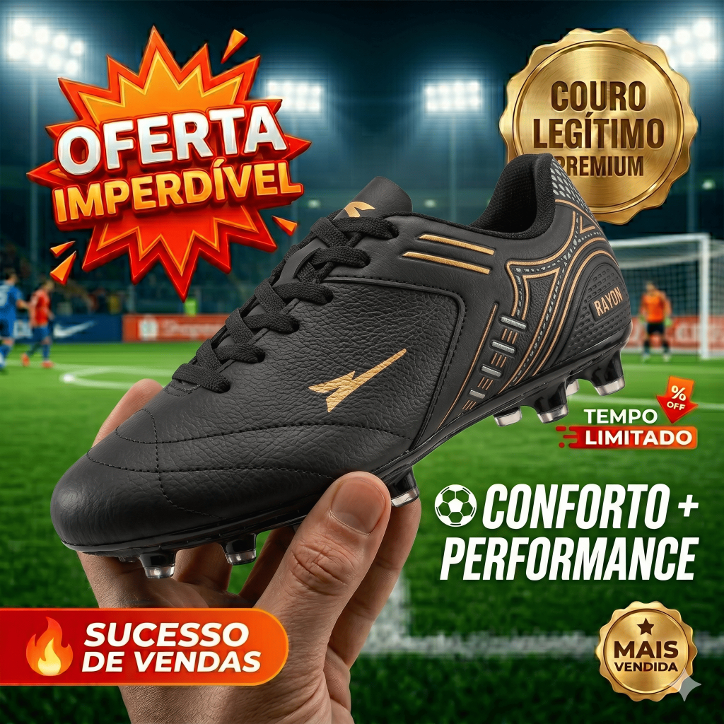 Chuteira em Couro Legitimo Futebol Campo Trava - Resistente Costurada - Original R121-03