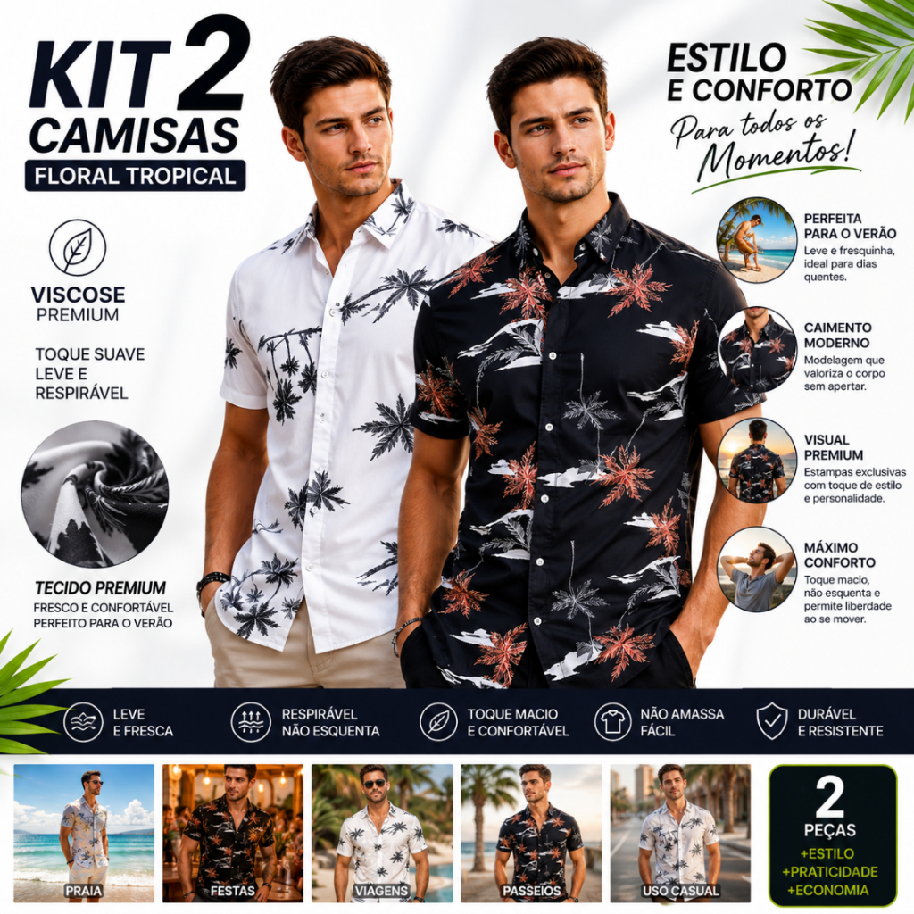 Kit 2 Camisa Havaiana Masculina Premium Verão Estampa Tropical Praia Casual Confortável Moda Praia