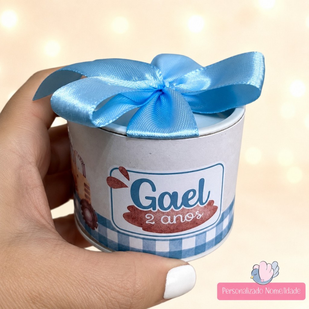 KIT TUBOLATA PERSONALIZADA 5X6-FAZENDINHA AZUL-LEMBRANCINHAS-CHÁ DE BEBE-MATERNIDADE-ANIVERSÁRIO