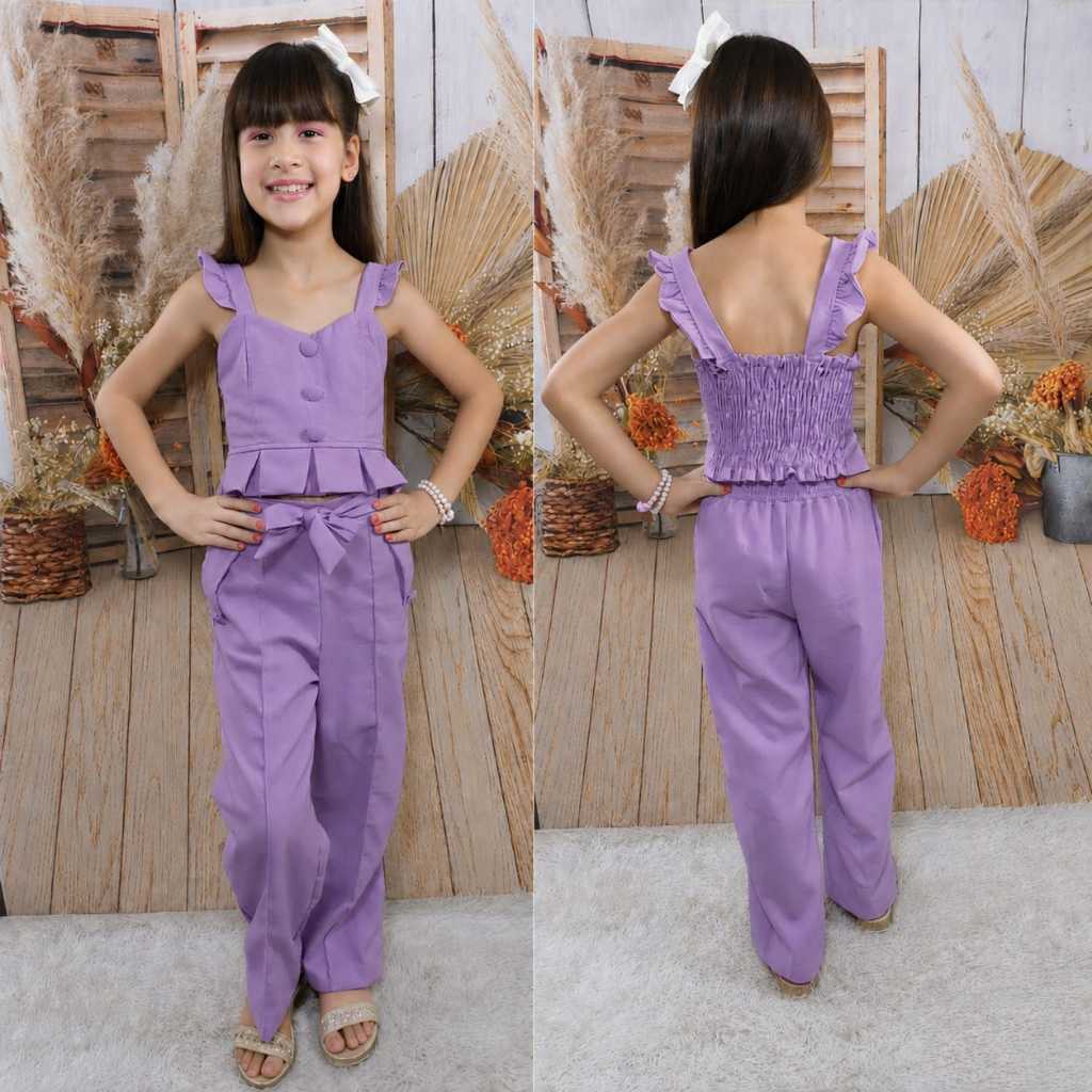 Conjunto Infantil Feminino Linho  Crooped com Alça + Calça Pantalona Roupa de Verão Menina (6 ao 16 ) ENTREGA IMEDIATO
