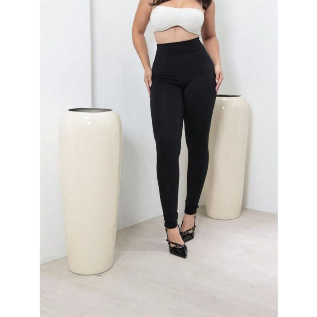 Calça Feminina Legging Skinny Modeladora Suplex Flanelado Montaria Cintura Alta Bolso Roupa Moda Tendencia Festa Casual