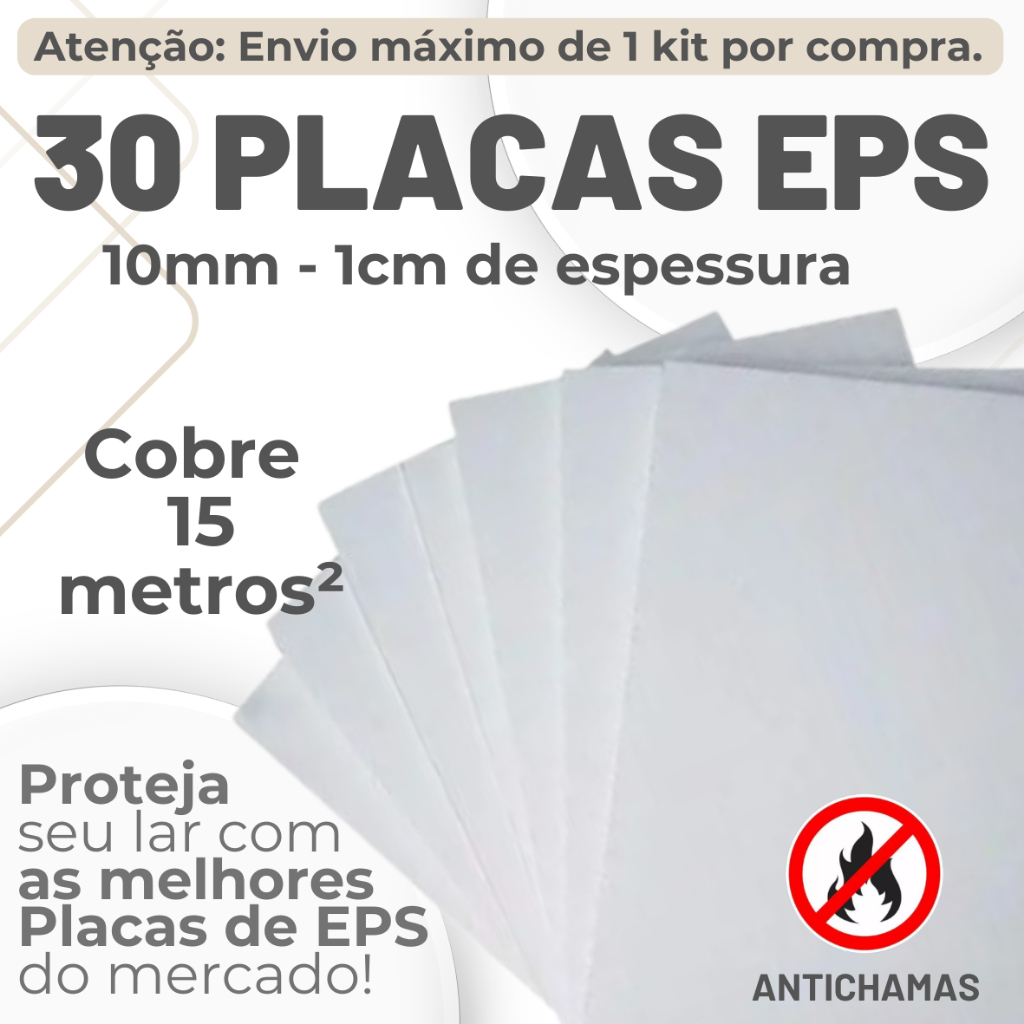 KIT 30 PLACAS EPS ANTICHAMAS TÉRMICO ACÚSTICO ESPESSURA 10MM (1cm) PACOTE 30 UNIDADES 100x50x1cm