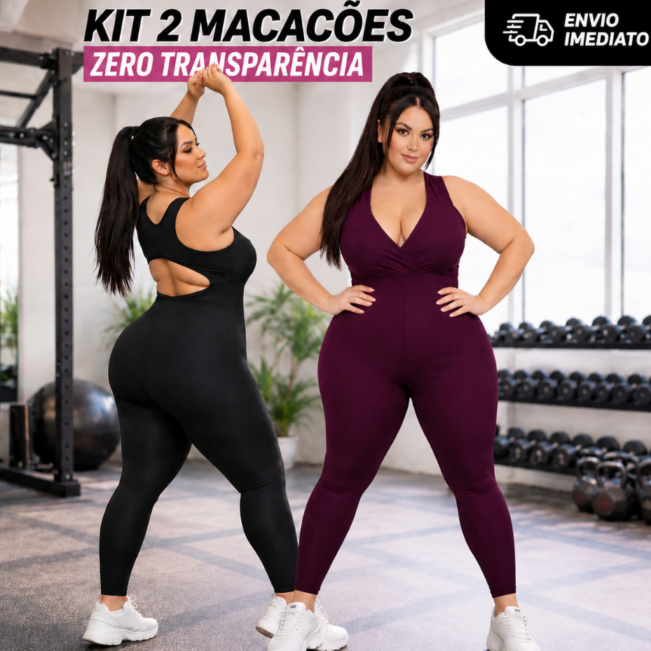 Kit 2 macacões Plus Size Feminino - Roupa Fitness de academia decote v