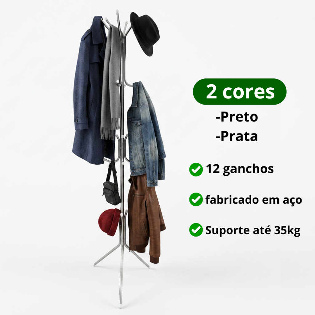 Cabideiro Mancebo Reforçado Aço 12 Ganchos Organizador para Bolsa Roupas Casaco Chapéu Jaqueta com Pé antiderrapante