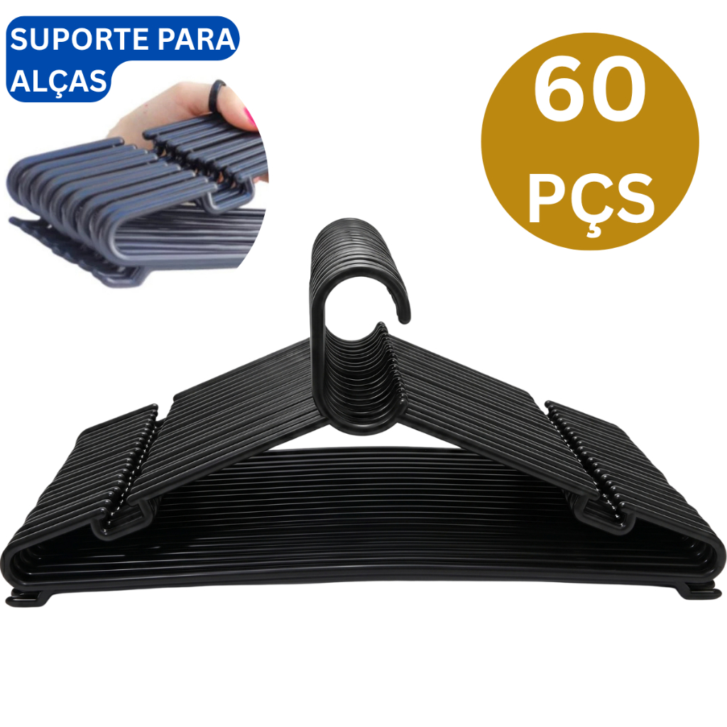 Kit 60 Cabide Redondo Cabides Para Roupas Preto Adulto Envio Imediato