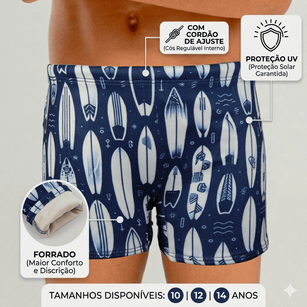 Sunga Boxer Juvenil Premium Menino Estampada Natação Praia Piscina Proteção UV forrada 10 12 14 anos