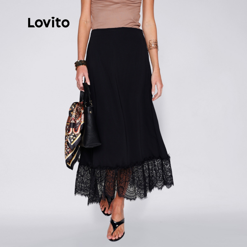 Lovito Saia Midi Com Renda na Barra Moda Feminina BRSKB18571887