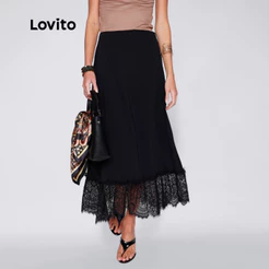 Lovito Saia Midi Com Renda na Barra Moda Feminina BRSKB18571887