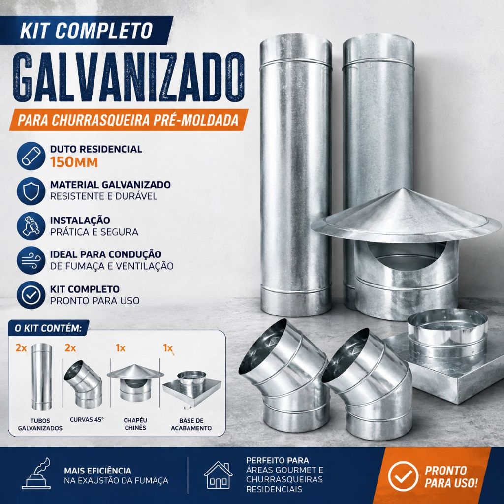Kit Churrasqueira Pré Moldada 30x30 Galvanizado Duto 150mm Completo Fácil Instalação Curva Adaptador