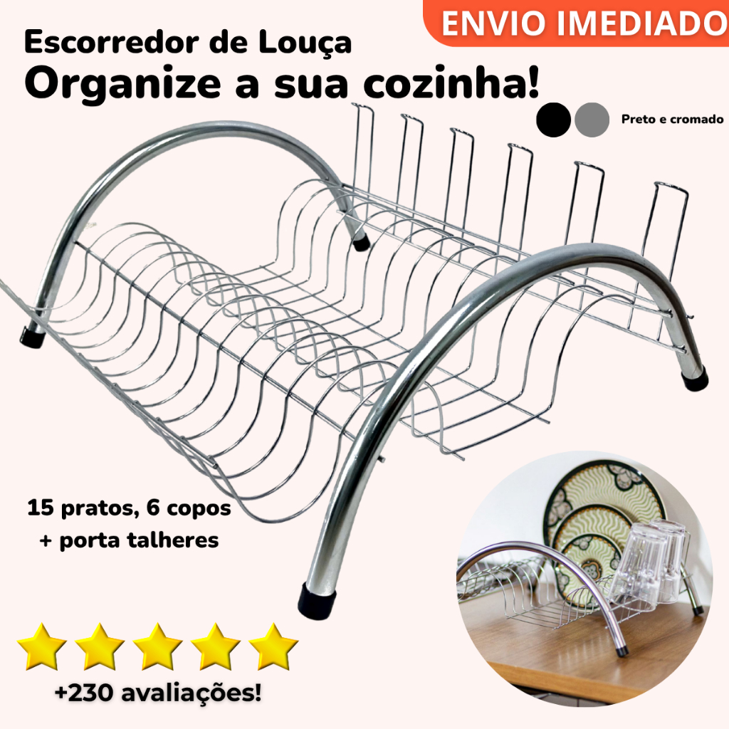 Escorredor de Louça Cromado e Preto 15 Pratos e 6 Copos + Talheres Cozinha Organizada – Madefer Inox