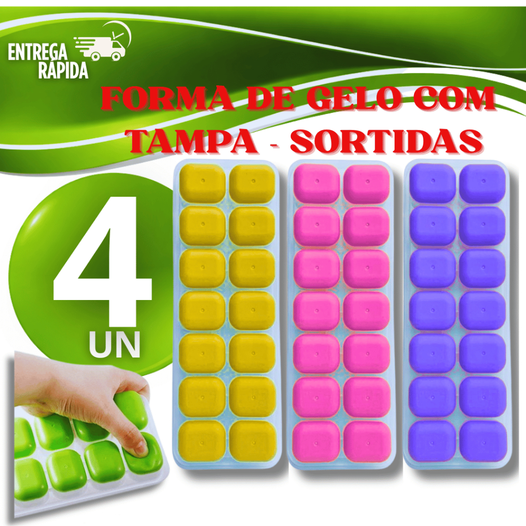 Combo Formas Gelo Silicone com Tampa Rígida Flexível Fundo 14 Cubos Retangular Multiuso Utilidades