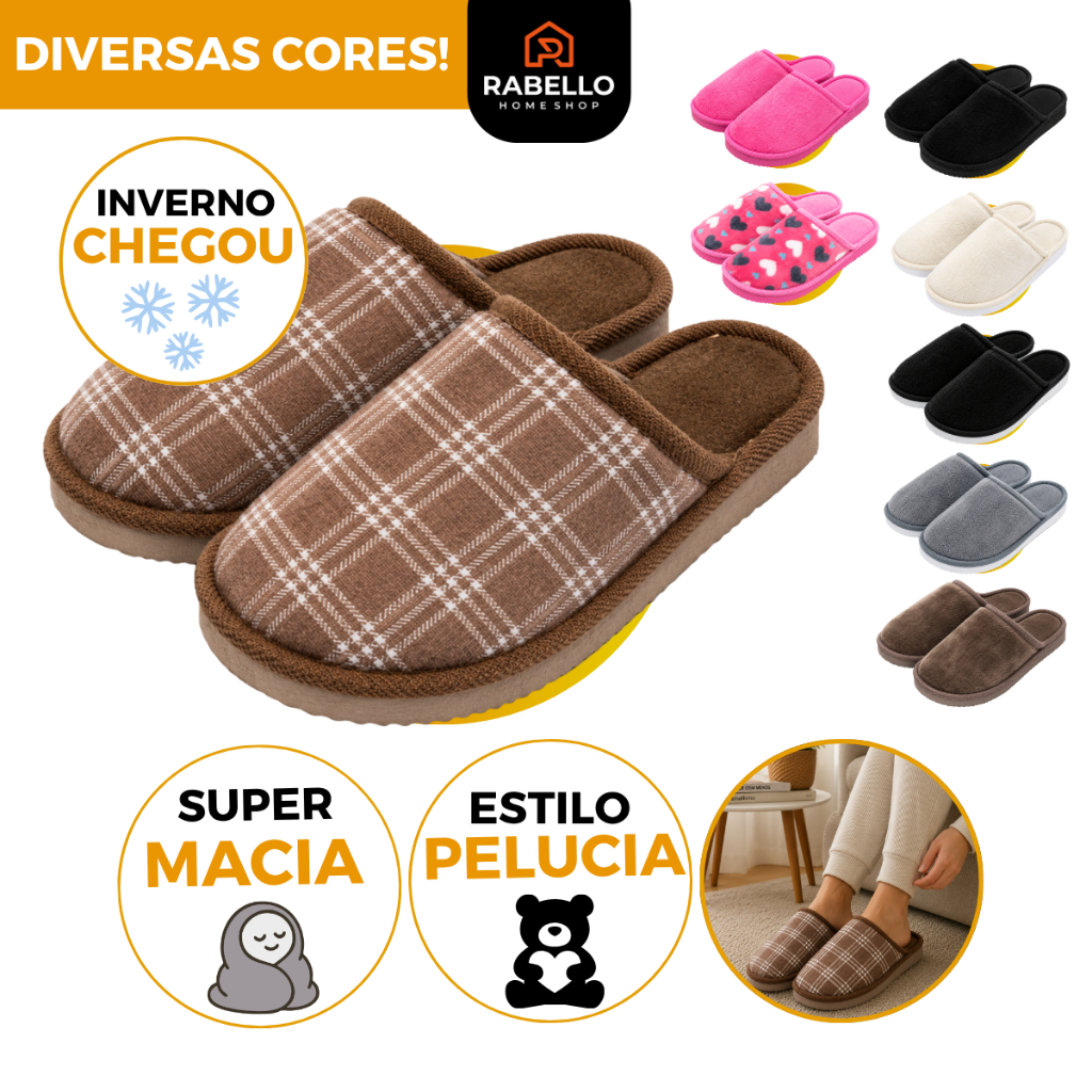 Pantufa Chinelo Antiderrapante de Inverno Adulto Pelúcia Quente Solado Confortável Forrada Peluciada
