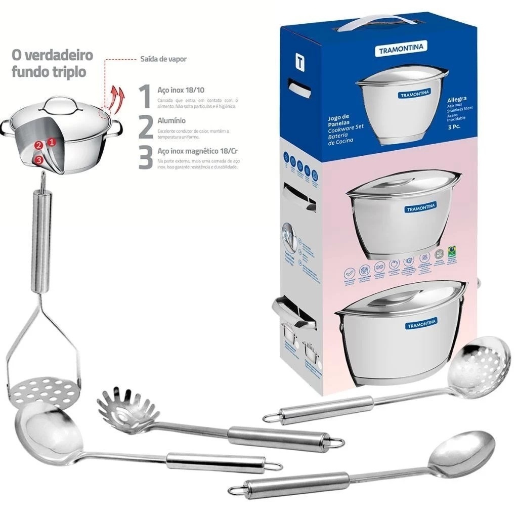 Conjunto de Caçarolas Tramontina Allegra em Aço Inox e Indução 3 pçs com Utensílios em Inox 5 pçs — imagem 2 de 2