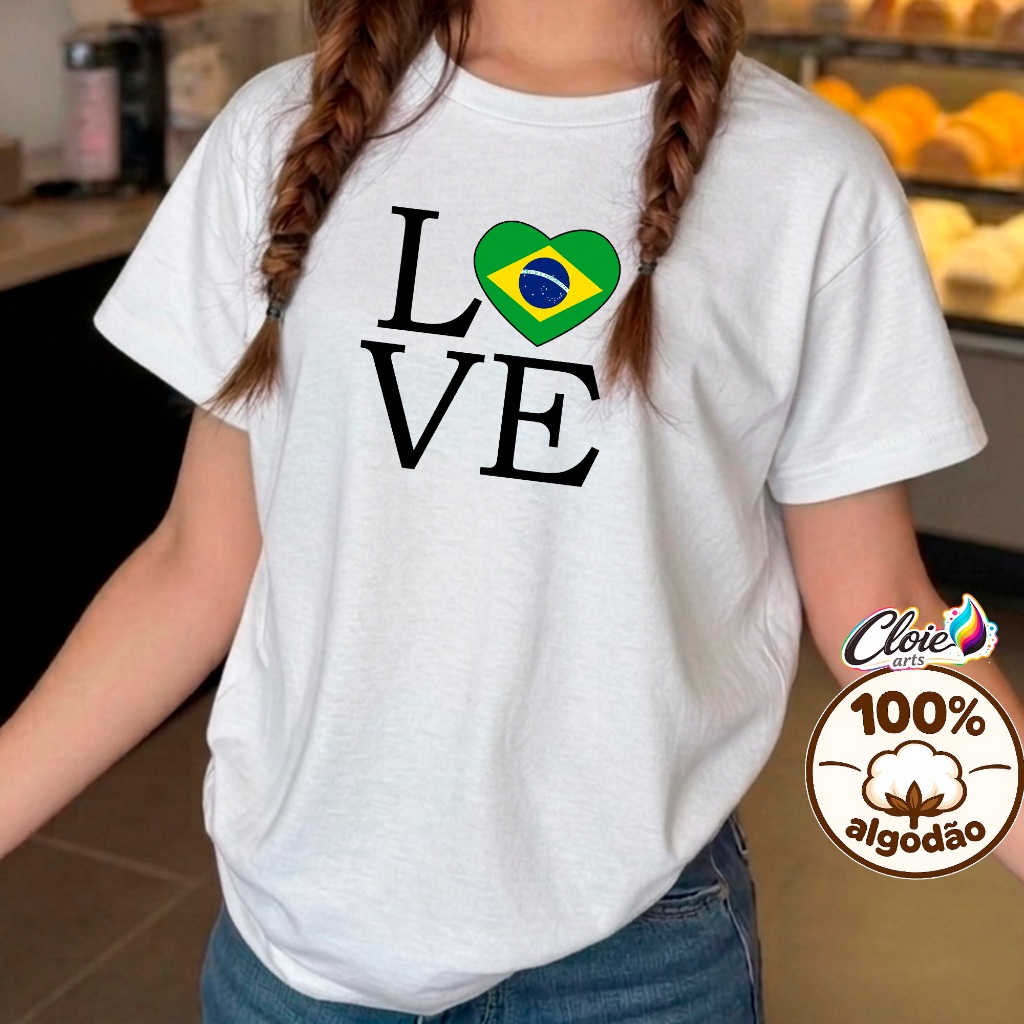Camiseta Infantil 100% Algodão Love Coração Brasil Copa Dia a dia Escola  Passeios  Jogos da Seleção Brasileira L O V E.