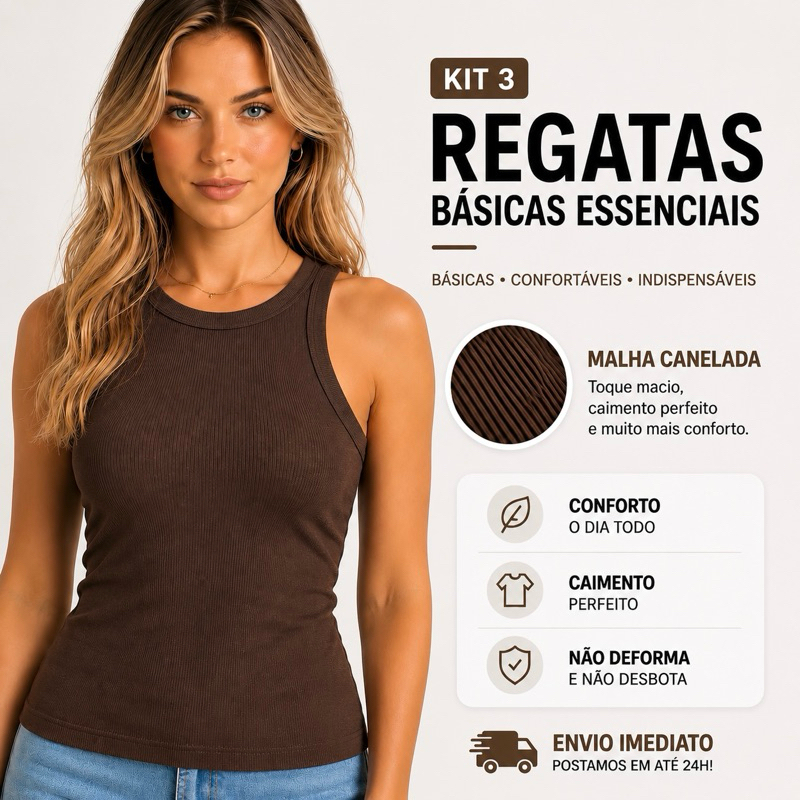 Kit 3 Blusa Regata Feminina Algodão Canelada Moda Básica Premium Casual Confortável Dia a Dia Oferta
