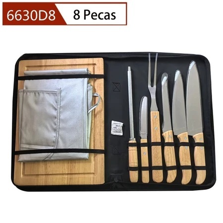 Imagem Kit facas de cozinha/Churrasco Profissional Antiaderente 8 Peças 6 Facas + 1 Tábua De Corte+Avental