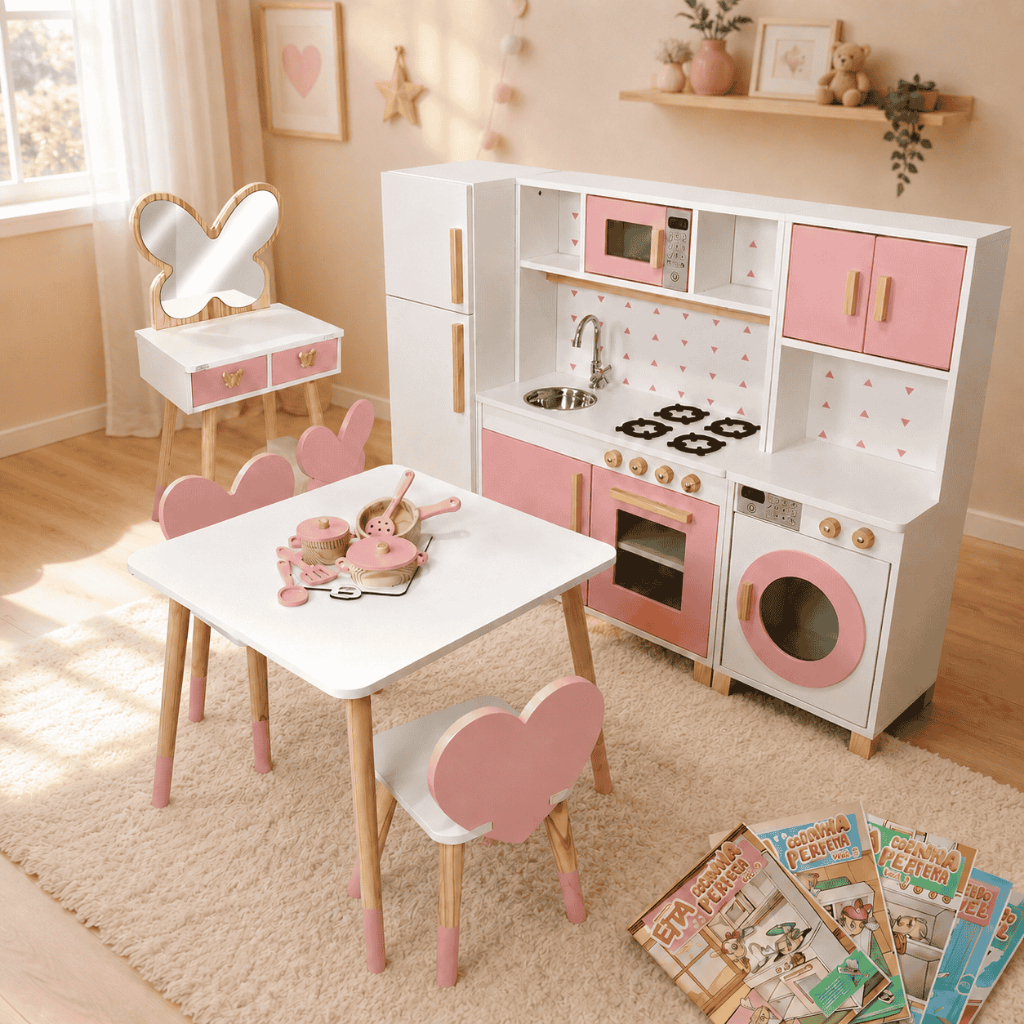 Combo Brinquedoteca Penteadeira Pequeno Rosa Bebê Faz de Conta Quarto Pedagógico Kit Livro Educativo