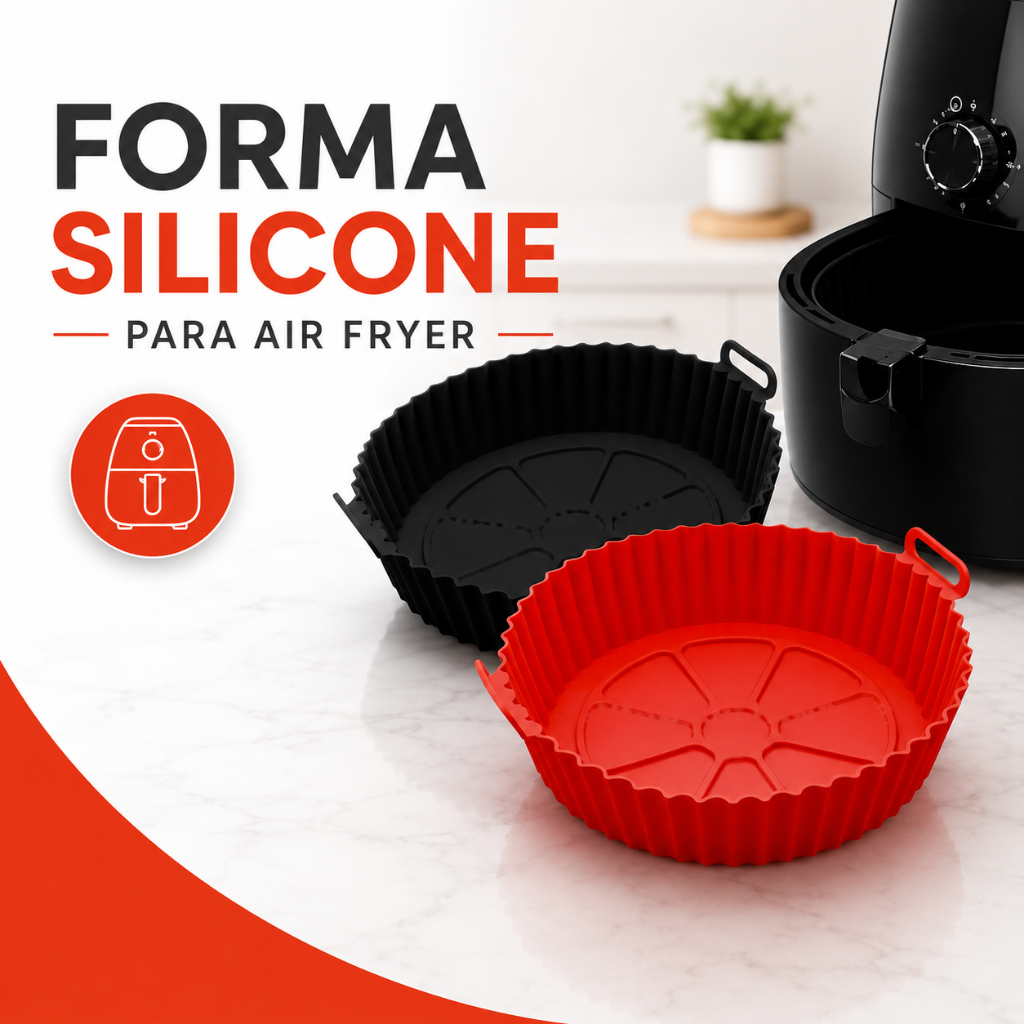 Forma de Silicone Air Fryer Grande 20CM Assadeira Micro ondas Preta e Vemelha