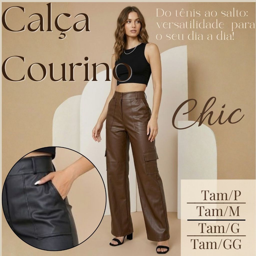 Calça Courino Cargo com Bolsos Preto e Marrom Zíper Modelagem Moderna P ao GG Tendência