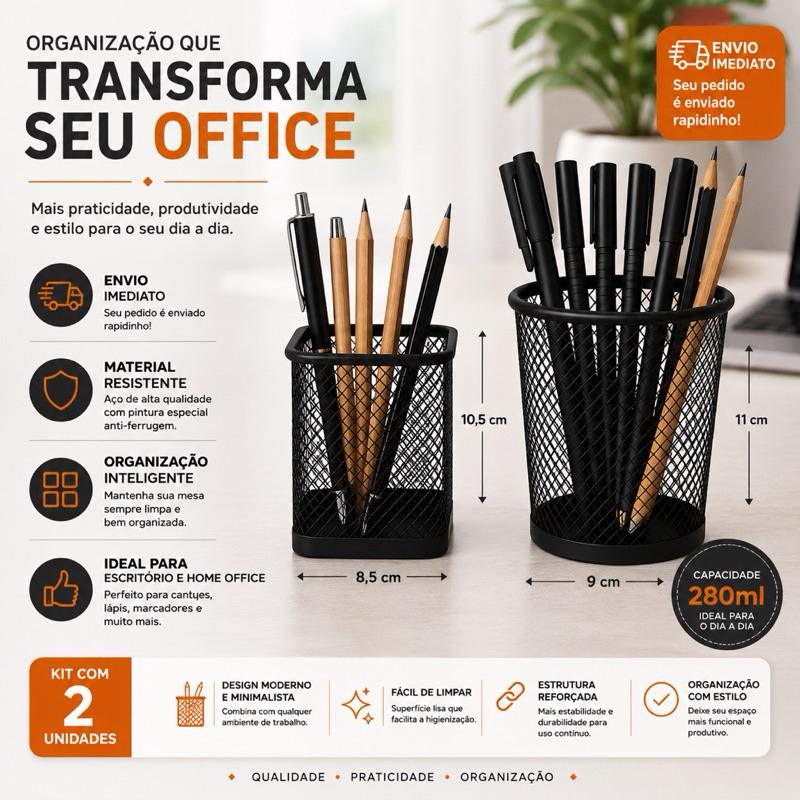 Kit 2 Porta Caneta Metal 10x9cm Telado Redondo Quadrado Escritório Office Organização Escritorio