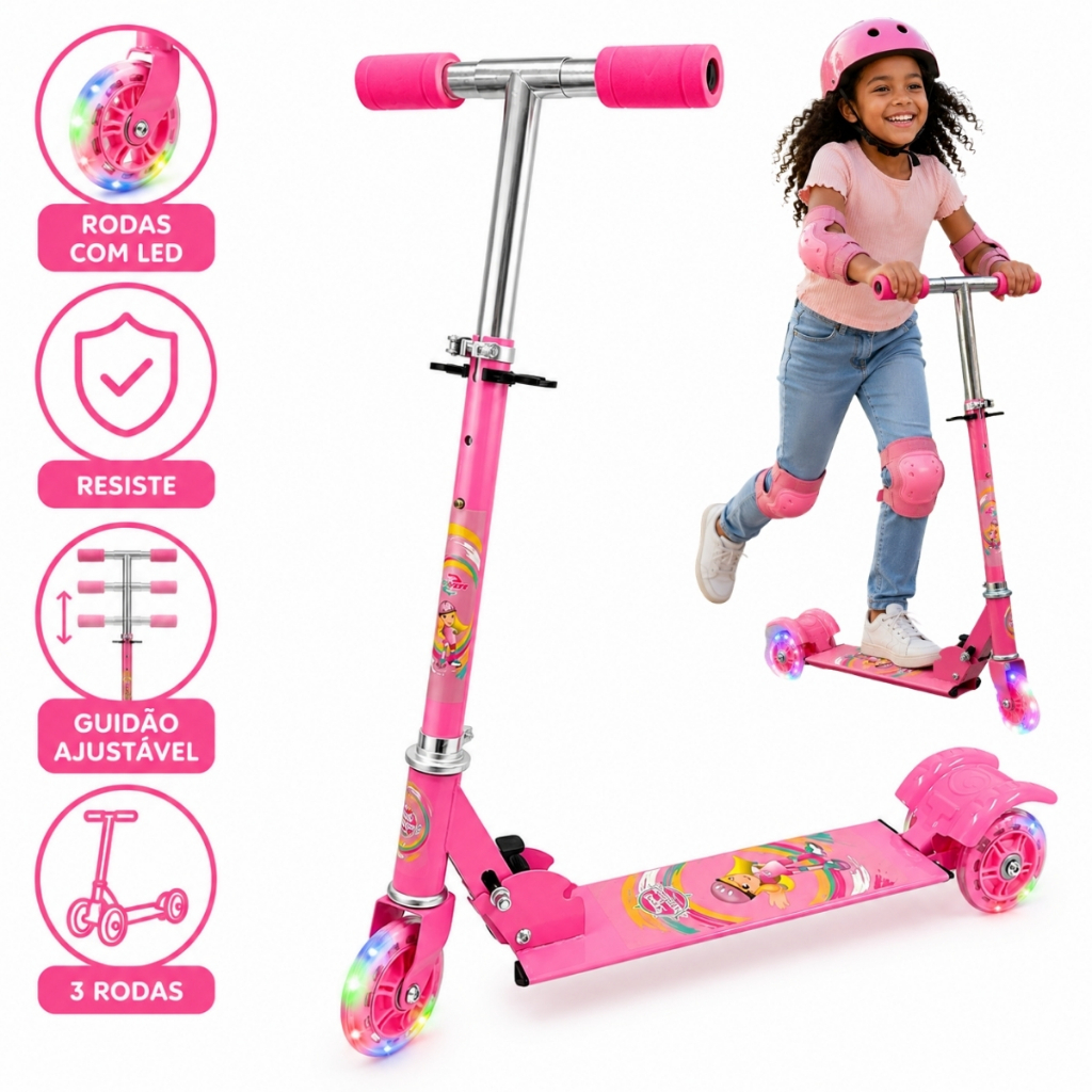 Patinete Infantil 3 Rodas Menina Dobrável Com Leds Rosa Unicórnio