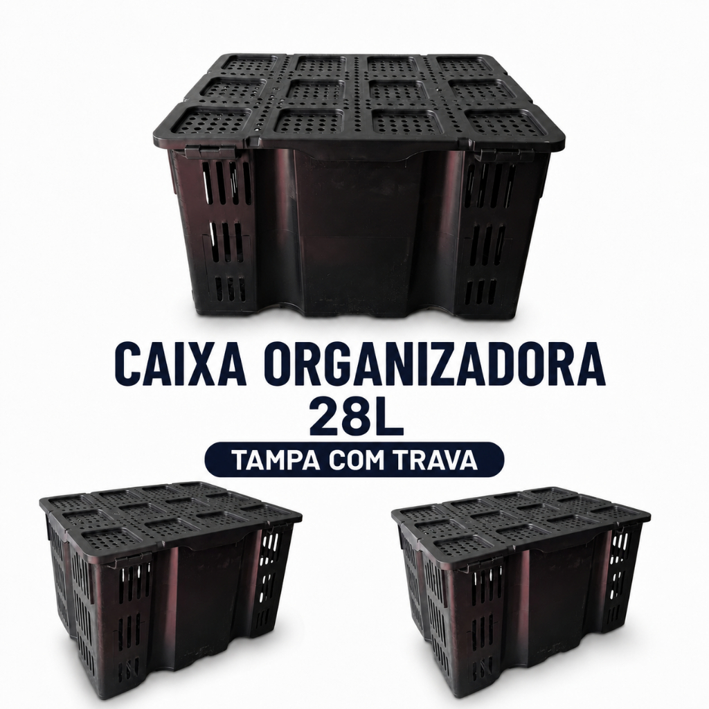 3 Caixas Organizadora Container Preta Com Tampa e Trava 28 Litros Cesto Organizador Preto