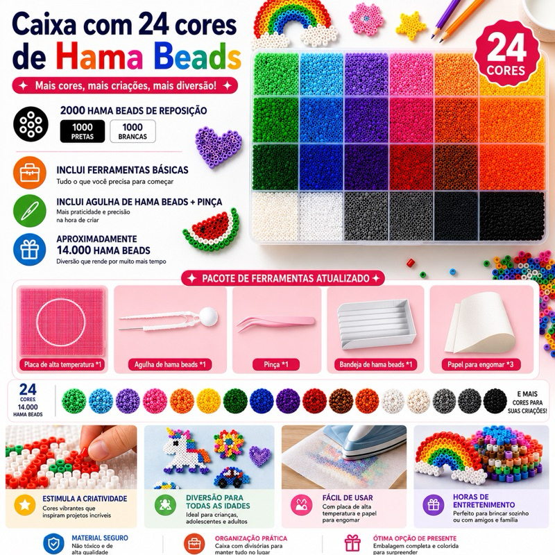 Kit 24 cores 2.6mm Com 14000pcs Perler Hama Beads DIY Presentes para crianças Com Ferramentas YUU