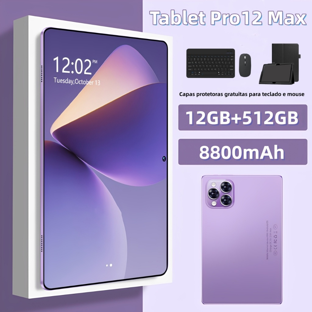 【Teclado e mouse grátis】Tablet Pro12 Max 12 GB + 512 GB, 11,6 polegadas, bateria de 8.800 mAh, dual SIM, Wi-Fi